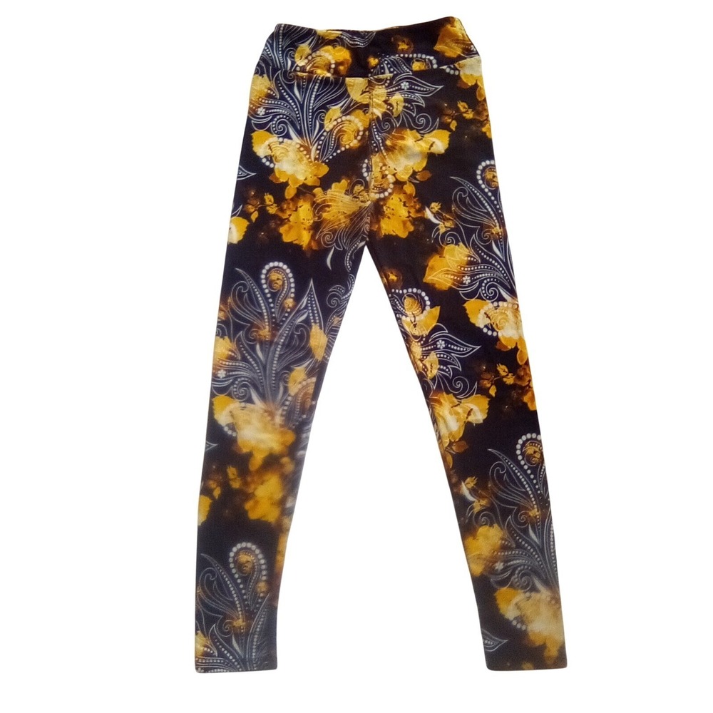 LuLaRoe Leggings Floral Print Black‎ and Yellow Girls Tween looks to be (10-12)